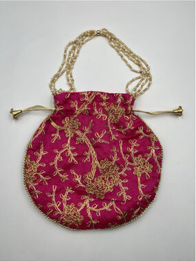 PINK Gold Clutch Silk Bag Boho Formal/POTLI /Purse Applique Beaded SEE ALL